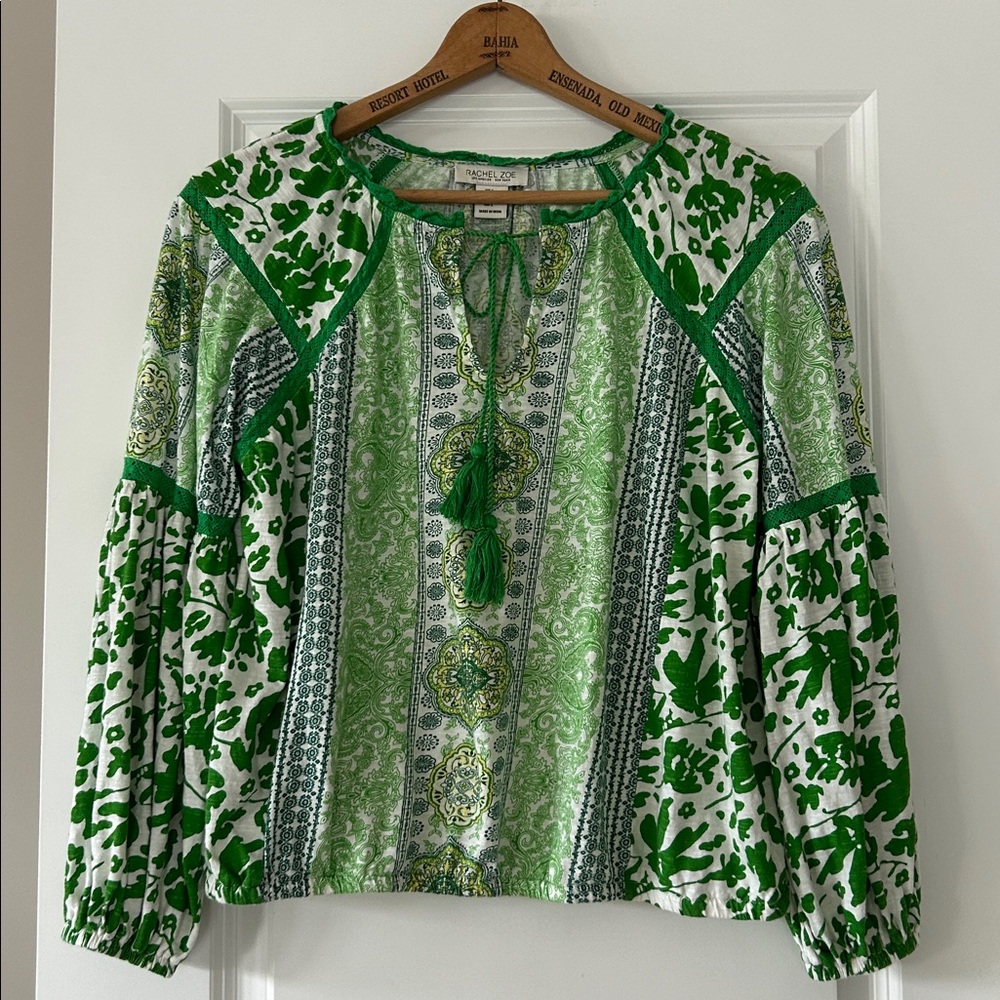 Rachel Zoe Peasant Blouse w Tassels, Bell Sleeves, Lace Insets Lg w MEASUREMENTS